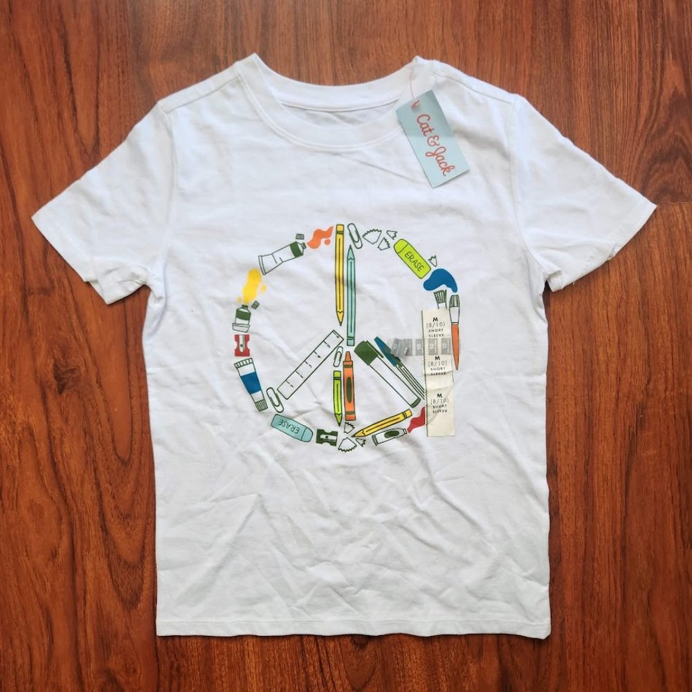 New Cat & Jack Graphic Tee T-Shirt PEACE Sign School Supplies Size 8/10 Medium W